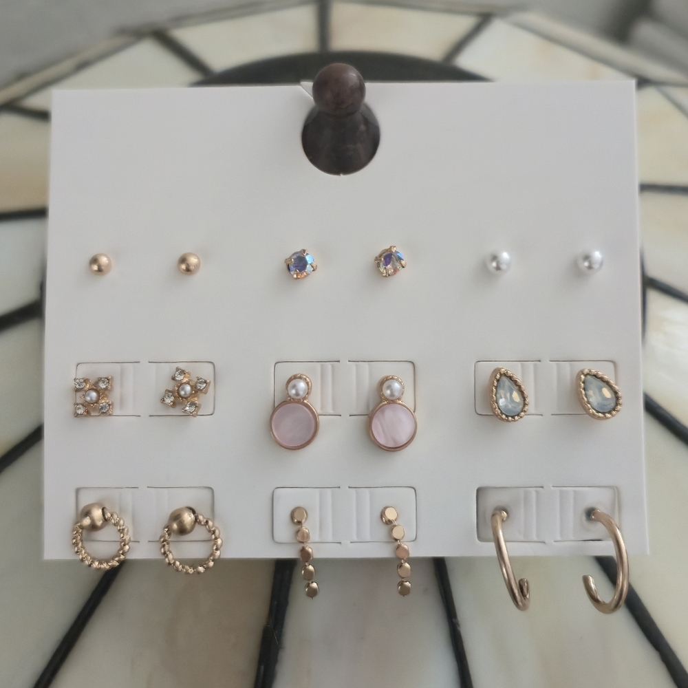 Rose Gold Tone Stud & Mini Hoop Earring Set Pearl Rhinestone Ear Stack